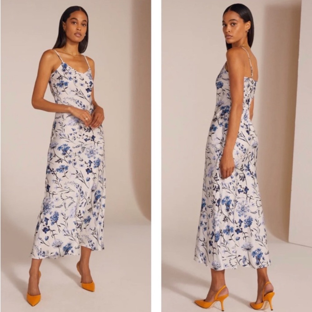 Favorite Daughter The Favorite Dress Satin Slip Maxi White Blue Floral, Size M